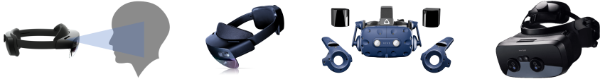 **From left to right, a HL2 visualizing the insides of the patient, the HL2, HTC Vive pro 2 and the Varjo XR3**