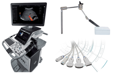 **The Logiq E10 with color doppler to visualize blood flow in the portal vein on the left, on the right the electromagnetic field generator at the top and an overview of ultrasound probes on the bottum.**